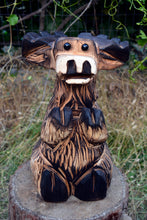 Load image into Gallery viewer, Mosse 16" Sitting While Holding Interchanable "Welcome" Sign Chainsaw Carving Sculpture | Raw California Cedar Wood Carved Artwork | Artist & Carver Jess Alice