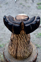 Load image into Gallery viewer, Mosse 16" Sitting While Holding Interchanable "Welcome" Sign Chainsaw Carving Sculpture | Raw California Cedar Wood Carved Artwork | Artist & Carver Jess Alice