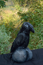 Load image into Gallery viewer, 18" Raven on Rocks Chainsaw Carving | California Cedar Wood, Painted & Sealed | Artist & Carver Jess Alice