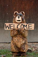 Load image into Gallery viewer, 25 inch "Welcome" Sign Bear | Chainsaw Carved Wood Sculpture | Standing Sign Bear Carving