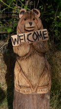 Load image into Gallery viewer, Chainsaw Carved 28" Sign Bear Wood Sculpture | Raw California Cedar | One-Of-A-Kind Original Artwork | Artist & Carver Jess Alice