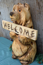 Load image into Gallery viewer, 2ft "Welcome" Sign Bear Chainsaw Carving Sculpture | Raw California Cedar Wood Carved Artwork | Artist & Carver Jess Alice