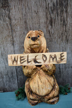 Load image into Gallery viewer, 2ft "Welcome" Sign Bear Chainsaw Carving Sculpture | Raw California Cedar Wood Carved Artwork | Artist & Carver Jess Alice