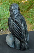 Load image into Gallery viewer, 18" Raven on Rocks Chainsaw Carving | California Cedar Wood, Painted & Sealed | Artist & Carver Jess Alice