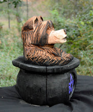 Load image into Gallery viewer, Chainsaw Carved 16" Bear in Cauldron Wood Sculpture | Raw California Cedar | One-Of-A-Kind Original Artwork | Artist & Carver Jess Alice