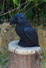 Load image into Gallery viewer, Raven on Base Sculpture | 18"x10" Chainsaw Carving | California Cedar Wood | Painted & Sealed | Artist & Carver Jess Alice