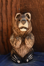 Load image into Gallery viewer, Chainsaw Carved 17" Bear Sculpture with Gone Fishin' Sign | California Cedar Art | Original Handcrafted Piece | Artist Jess Alice"