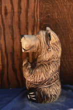 Load image into Gallery viewer, Chainsaw Carved 17" Bear Sculpture with Gone Fishin' Sign | California Cedar Art | Original Handcrafted Piece | Artist Jess Alice"