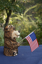 Load image into Gallery viewer, 11" Mini Marshmallow Bear: Handcrafted Chainsaw-Carved Cedar Sculpture with Interchangeable Flag Option | Chainsaw Artist Jess Alice
