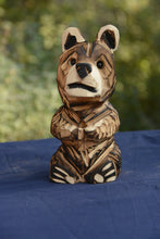 Load image into Gallery viewer, 10" Mini Flag-Bearing Marshmallow Bear: Handcrafted Chainsaw-Carved Cedar Sculpture with Interchangeable Flag | Chainsaw Artist Jess Alice