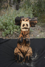 Load image into Gallery viewer, Chainsaw Carved 16" Sitting Moose with "Spooky" Sign Wood Sculpture | Raw California Cedar| Original One-Of-A-Kind Artwork | Artist & Carver Jess Alice