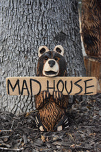 Load image into Gallery viewer, 18-Inch Chainsaw Carved Bear with Interchangeable 'Mad House' Sign – Customizable Seasonal Wood Sculpture by Jess Alice
