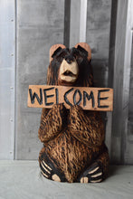 Load image into Gallery viewer, 23-Inch Chainsaw Carved Bear with Interchangeable Welcome Sign – Rustic Cedar Wood Sculpture by Jess Alice