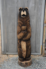 Load image into Gallery viewer, 5 ft Chainsaw Carved Bear Holding Fish on Base | California Cedar Rustic Wood Sculpture