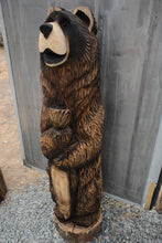 Load image into Gallery viewer, 5 ft Chainsaw Carved Bear Holding Fish on Base | California Cedar Rustic Wood Sculpture