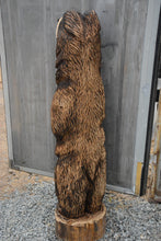 Load image into Gallery viewer, 5 ft Chainsaw Carved Bear Holding Fish on Base | California Cedar Rustic Wood Sculpture