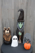 Load image into Gallery viewer, 24-Inch Handcrafted Witch Sculpture – Chainsaw Carved Cedar Halloween Decor by Jess Alice