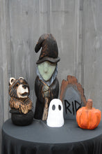 Load image into Gallery viewer, 21-Inch Handcrafted Witch Sculpture – Chainsaw Carved Cedar Halloween Decor by Jess Alice