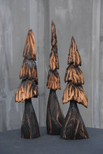 Load image into Gallery viewer, Forest of 3 Chainsaw Carved Mini Trees | Shelf +Table Top Flat Back Tree Sculpture Set