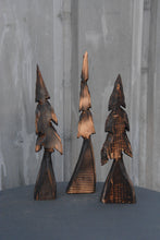 Load image into Gallery viewer, Forest of 3 Chainsaw Carved Mini Trees | Shelf +Table Top Flat Back Tree Sculpture Set