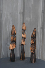 Load image into Gallery viewer, Forest of 3 Chainsaw Carved Mini Trees | Shelf +Table Top Flat Back Tree Sculpture Set