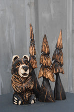 Load image into Gallery viewer, Chainsaw carved mini bear and three tree forest scene. home decor rustic art cute gift idea.