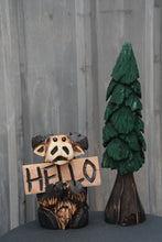 Load image into Gallery viewer, Handcrafted 12-Inch Chainsaw Carved Moose Sculpture with Interchangeable "Hello" Sign – Unique Wood Art by Jess Alice