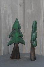 Load image into Gallery viewer, Set of 2 Chainsaw Carved Mini Painted Trees | Shelf +Table Top Flat Back Tree Sculpture Set