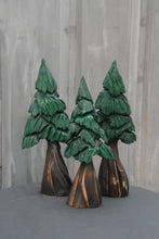 Load image into Gallery viewer, Forest of 3 Chainsaw Carved Mini Painted Trees | Shelf +Table Top Flat Back Tree Sculpture Set