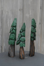 Load image into Gallery viewer, Forest of 3 Chainsaw Carved Mini Painted Trees | Shelf +Table Top Flat Back Tree Sculpture Set