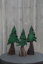 Load image into Gallery viewer, Forest of 3 Chainsaw Carved Mini Painted Trees | Shelf +Table Top Flat Back Tree Sculpture Set