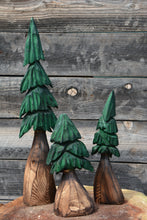 Load image into Gallery viewer, Forest of 3 Chainsaw Carved Mini Painted Trees | Shelf +Table Top Flat Back Tree Sculpture Set