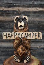 Load image into Gallery viewer, 24" x 8" Chainsaw Carved Sitting Sign Bear – "Happy Camper" Funny Sign | Additional Signs Sold Separately