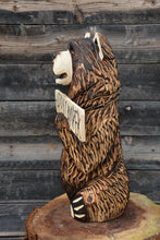 Load image into Gallery viewer, 24" x 8" Chainsaw Carved Sitting Sign Bear – "Happy Camper" Funny Sign | Additional Signs Sold Separately