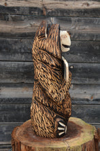 Load image into Gallery viewer, 24" x 8" Chainsaw Carved Sitting Sign Bear – "Happy Camper" Funny Sign | Additional Signs Sold Separately