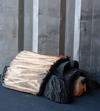 Load image into Gallery viewer, Bear Stuck in a Log; Hand Carved Chainsaw Sculpture 13” x 10”