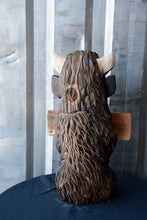 Load image into Gallery viewer, 18"x8" Highland Cow with FAFO sign – Chainsaw Carved Wood Sculpture