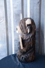 Load image into Gallery viewer, 18"x8" Highland Cow with FAFO sign – Chainsaw Carved Wood Sculpture