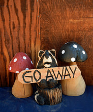 Load image into Gallery viewer, Chainsaw Carved 18" Raccoon With Sign "Go Away" | California Cedar Wood Sculpture | One-Of-A-Kind Original Artwork by Artist Jess Alice