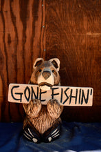 Load image into Gallery viewer, Chainsaw Carved 17" Bear Sculpture with Gone Fishin' Sign | California Cedar Art | Original Handcrafted Piece | Artist Jess Alice"
