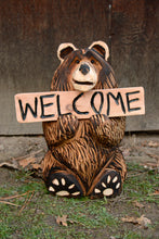 Load image into Gallery viewer, 19 inch "Welcome" Sign Bear Sculpture | Chainsaw Carved Wood Sculpture