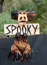 Load image into Gallery viewer, Chainsaw Carved 16" Sitting Moose with "Spooky" Sign Wood Sculpture | Raw California Cedar| Original One-Of-A-Kind Artwork | Artist & Carver Jess Alice