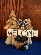 Load image into Gallery viewer, Chainsaw Carved 16" Raccoon With Sign Wood Sculpture | Raw California Cedar | One-Of-A-Kind Original Artwork | Artist & Carver Jess Alice
