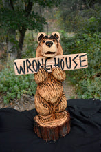 Load image into Gallery viewer, Chainsaw Carved "Wrong House" 24" Sign Bear on Base Wood Sculpture | Raw California Cedar | One-Of-A-Kind Original Artwork | Artist & Carver Jess Alice