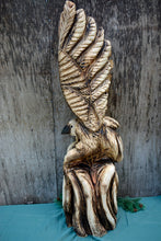Load image into Gallery viewer, 3ft Bird with Wings Out, Fish in Talons | California Cedar Chainsaw Carved Wood Sculpture | Artist & Carver Jess Alice