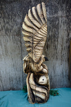 Load image into Gallery viewer, 3ft Bird with Wings Out, Fish in Talons | California Cedar Chainsaw Carved Wood Sculpture | Artist & Carver Jess Alice