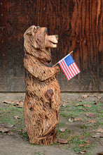 Load image into Gallery viewer, 3ft Chainsaw Carved Bear| Fishing Pole - Flag - Marshmallow Stick Holding Wooden Bear Sculpture