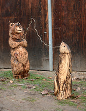 Load image into Gallery viewer, 3ft Chainsaw Carved Bear| Fishing Pole - Flag - Marshmallow Stick Holding Wooden Bear Sculpture