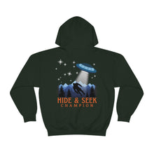 Load image into Gallery viewer, "Hide and Seek Champion" Bigfoot and UFO Alien Sweatshirt | Funny Hoodie | Mountain/Forest/Sasquatch/Spaceship Unisex Heavy Blend Hooded Sweatshirt - Jess Alice