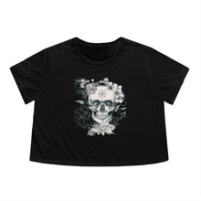 Load image into Gallery viewer, Skull and Flower Helm of Awe "Conquer" Shirt | Viking - Norse - Icelandic Rune | Women's Flowy Cropped Tee - Jess Alice